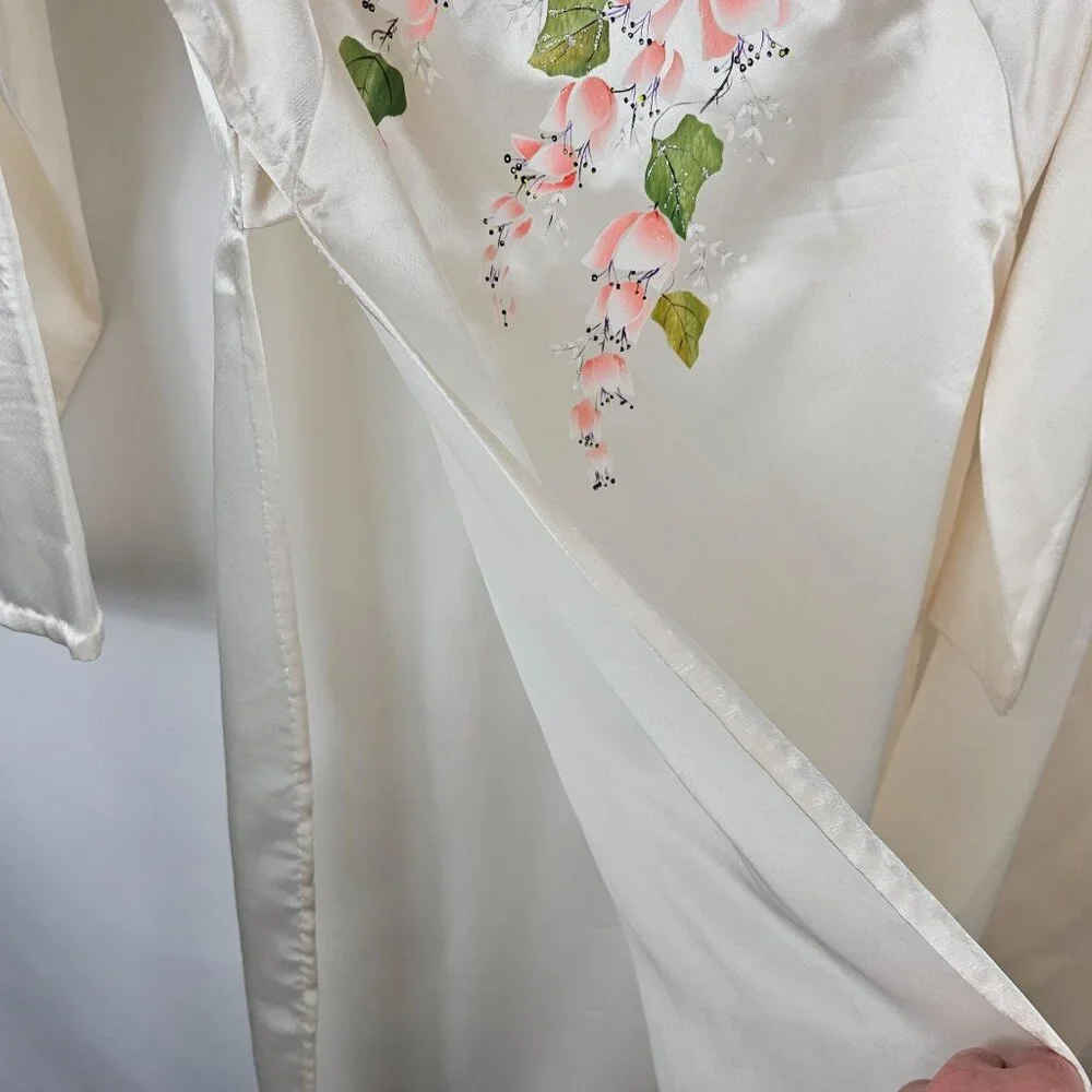 VTG Robe + Pant Sleepwear Set White Satin Floral Soft Loungewear Retro MCM OS